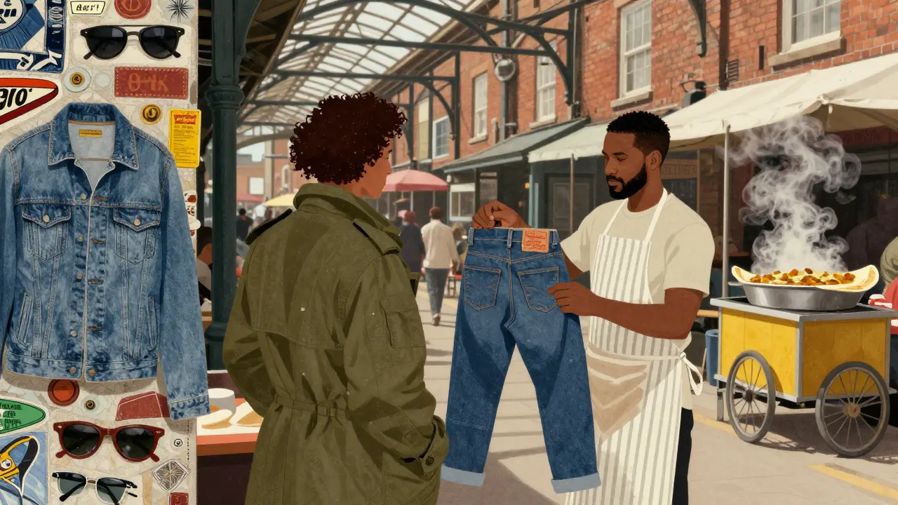 Brick Lane Sunday market with vintage denim and food cart under railway arches