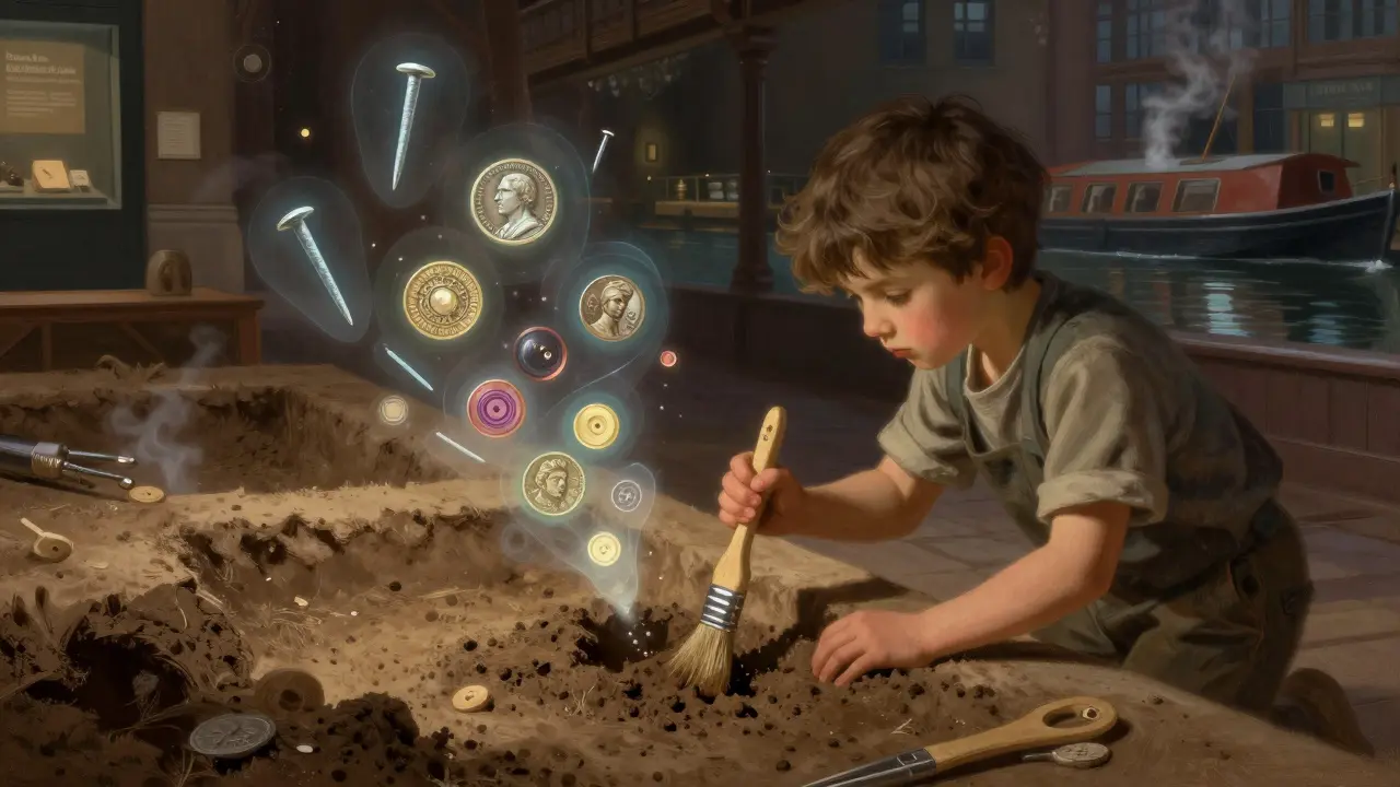 Child digging for historical artifacts in a museum dig site with glowing objects above.