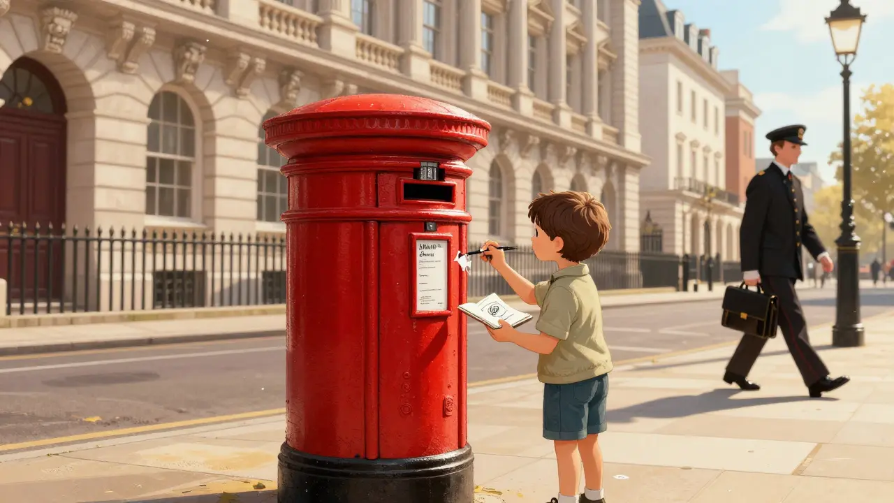 Child sketching a red Victorian postbox in Covent Garden with historic architecture behind.