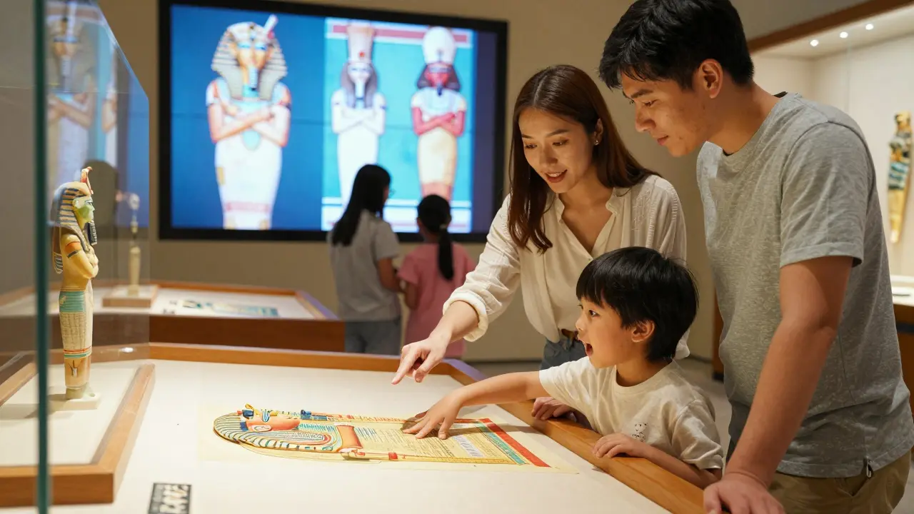 Child touching ancient papyrus replica at the hands-on exhibit in Room 24, parent guiding them.
