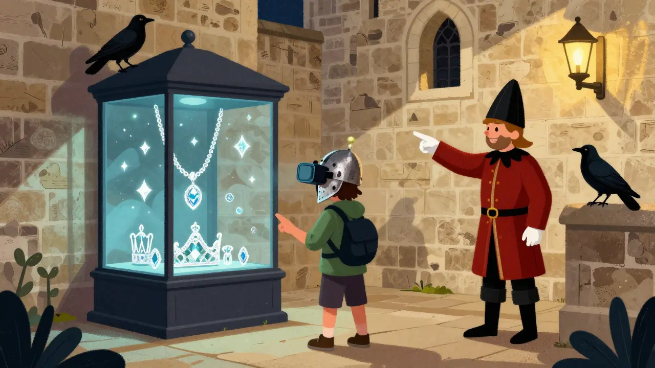 Children at the Tower of London interacting with a virtual armor display beside the Crown Jewels.