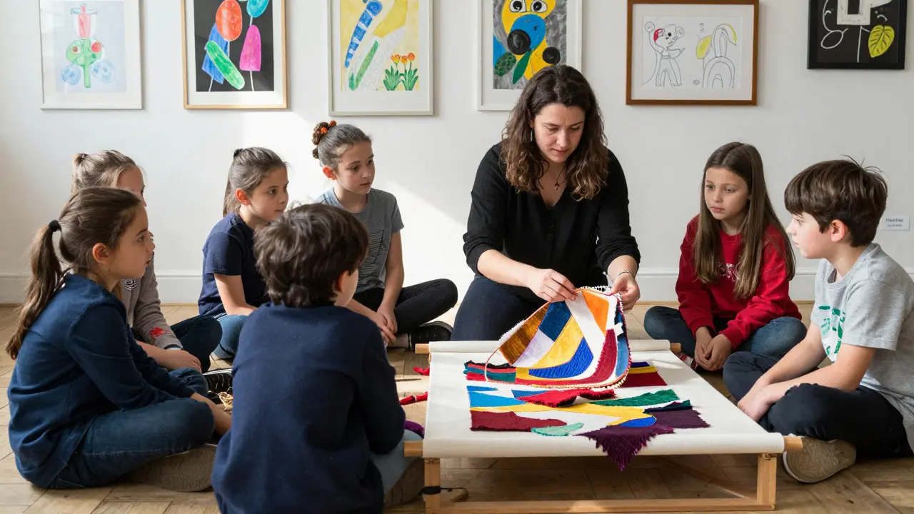 Children learning textile art from an emerging artist during a free Friday workshop at a Bermondsey gallery.