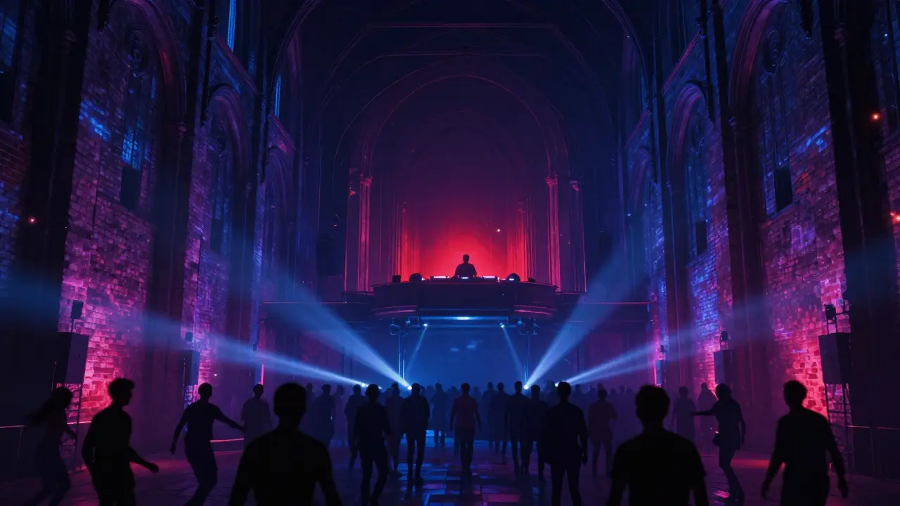 Crowd dancing in a massive industrial club under pulsing lights, with a DJ in a red-lit booth above.