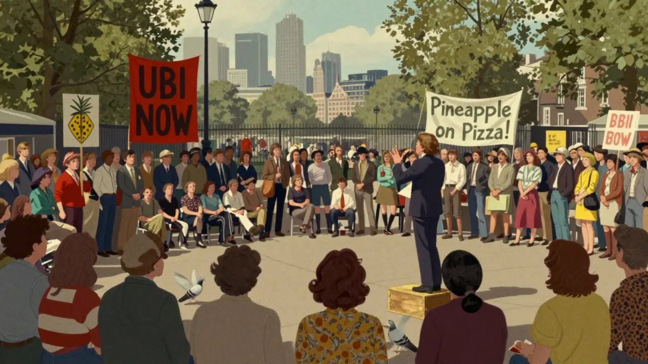 Crowd gathered at Speakers’ Corner listening to a speaker with handmade posters and pigeons nearby.