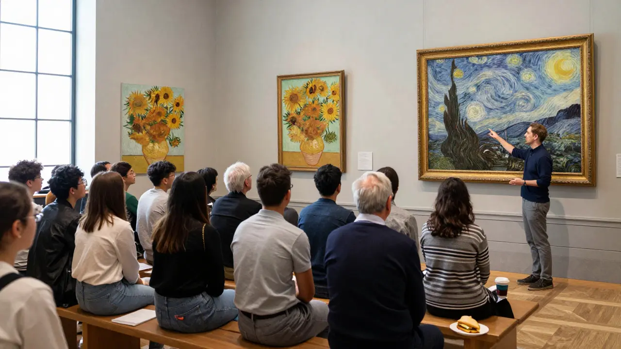 Crowd listening to a curator at the National Gallery, with Van Gogh’s Sunflowers visible in the background.