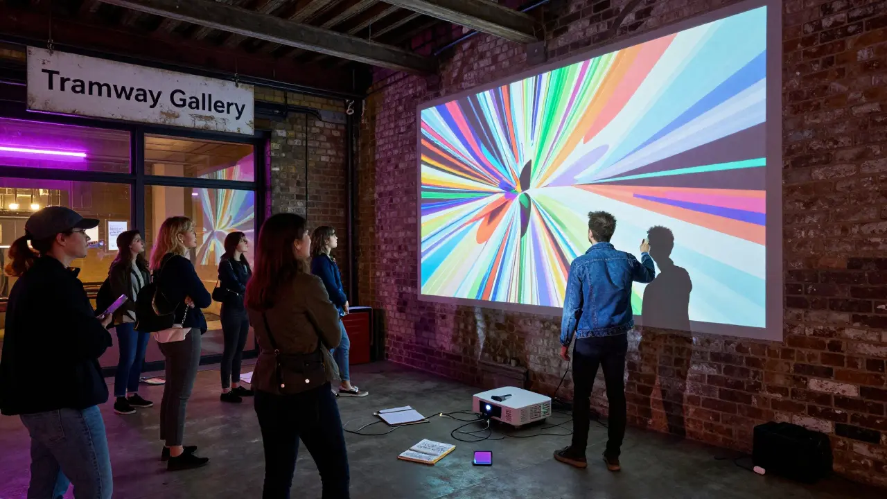 Digital art installation in a Hackney gallery, with a curator and artist working together under glowing projections.