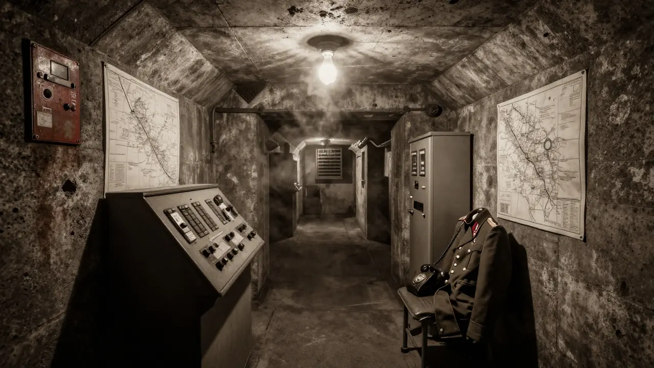 Dimly lit WWII tunnels beneath Dover Castle, with vintage control panels and faded maps on the walls.