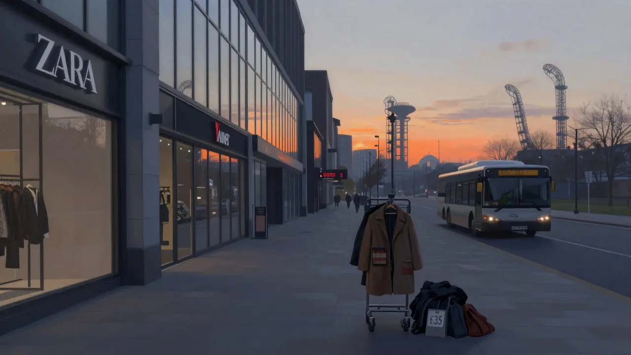 Empty Designer Outlet at dawn with discounted coats and shuttle bus arriving
