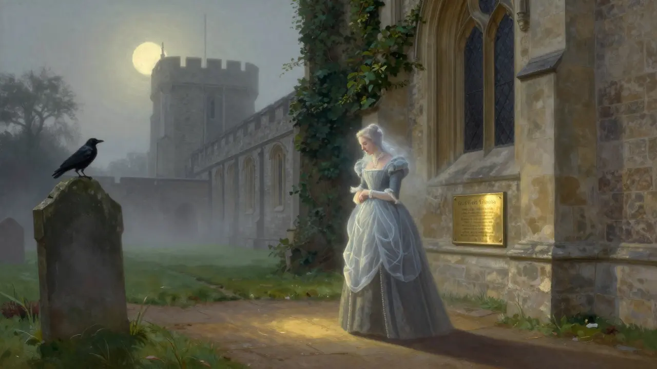 Ethereal ghostly figure of Anne Boleyn near the Chapel Royal on Tower Green at twilight.