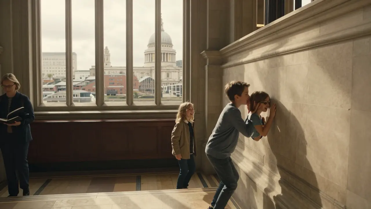 Family climbing St. Paul’s Cathedral steps, pausing for a view of London with a whispering gallery in background.
