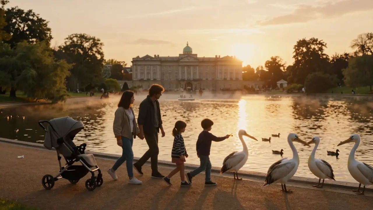Family feeding pelicans at St. James’s Park at sunset, with the Royal Palace in the background.