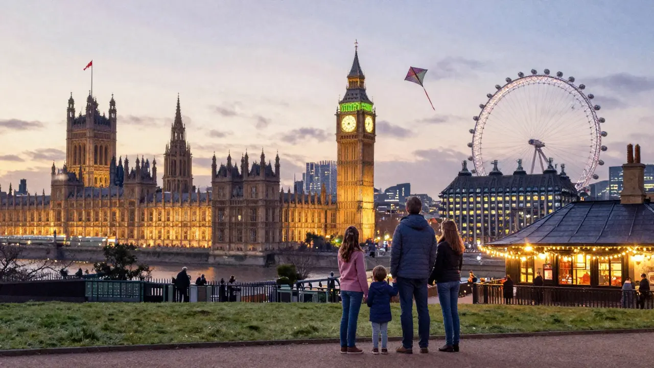 Family on Parliament Hill watching London skyline at dusk with kite flying nearby.