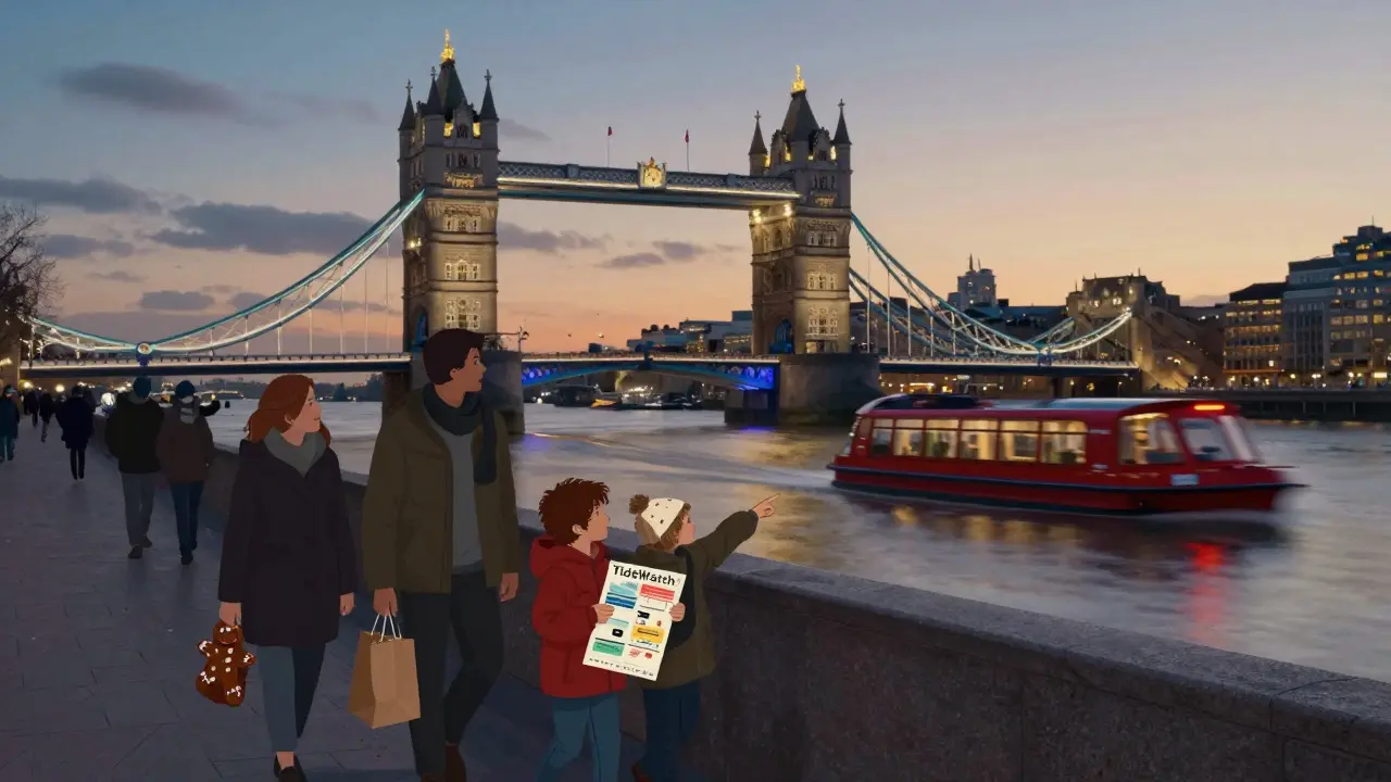 Family walking along the Thames with red ferries and Tower Bridge in the distance.