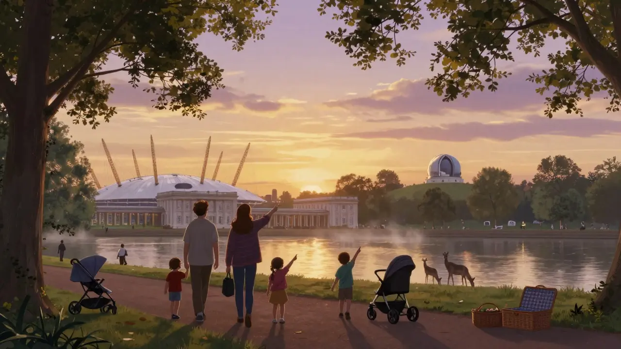 Family walking in Greenwich Park at sunset with O2 Arena and Thames visible, deer in distance.
