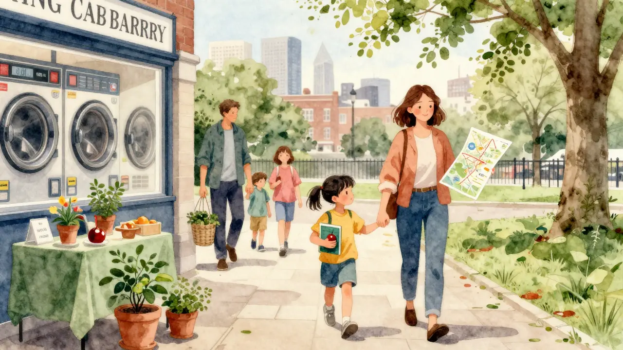 Family walking together from library to park, carrying books and a plant, with London skyline in distance.