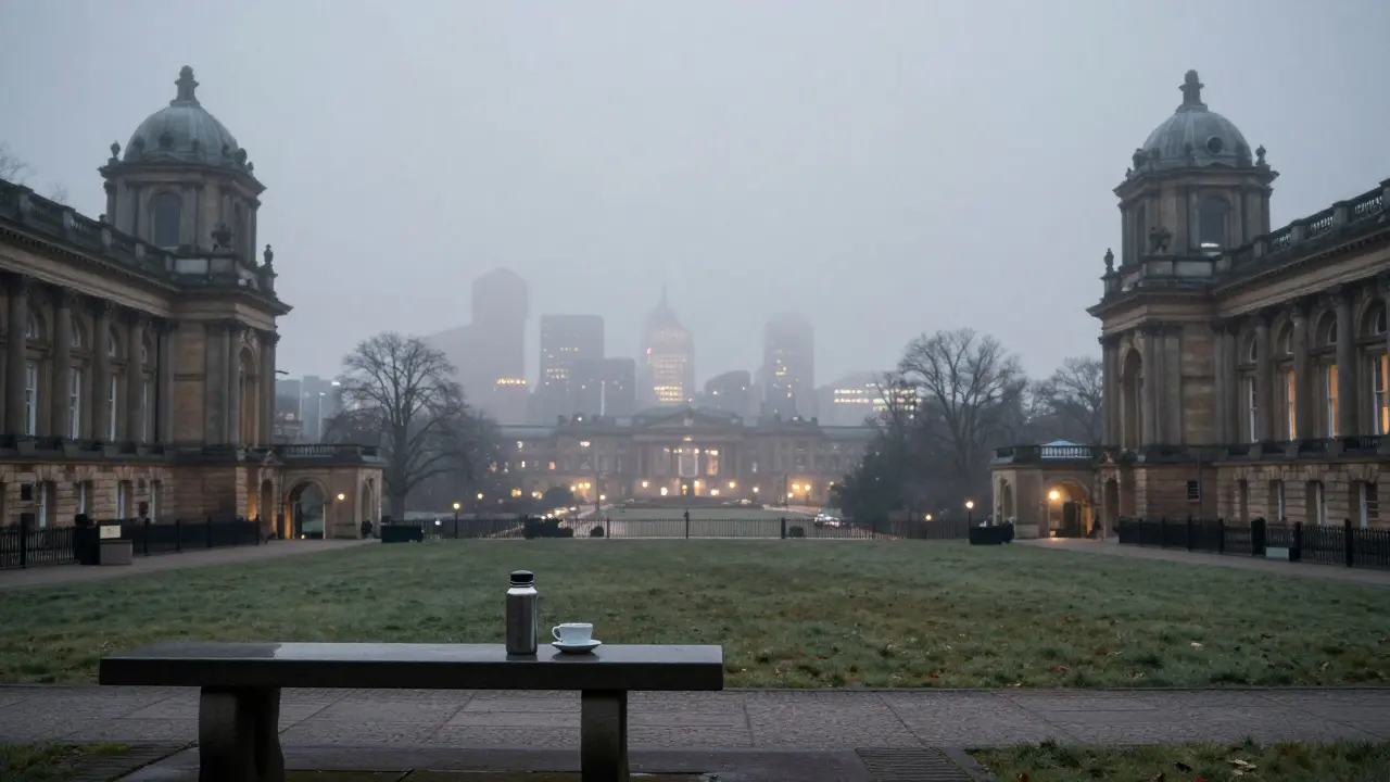 Foggy winter view from Alexandra Palace with city lights softly visible through mist.