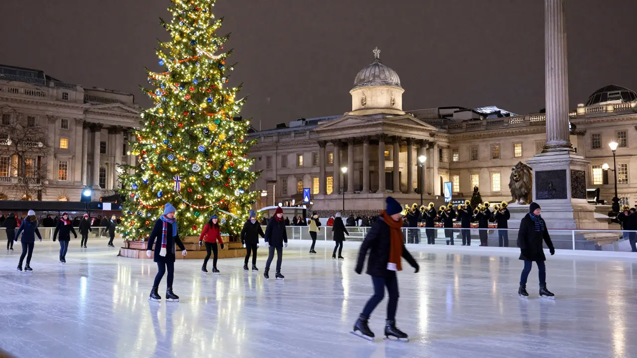 Ice skaters under a glowing Christmas tree in Trafalgar Square, with brass band playing at night.