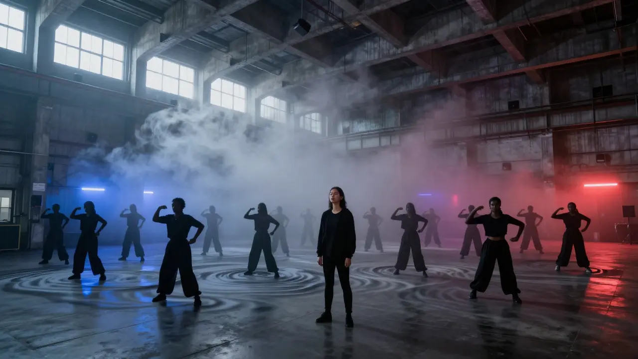 Industrial warehouse club at dawn, dancers silhouetted in fog, bass vibrations visible in the air.