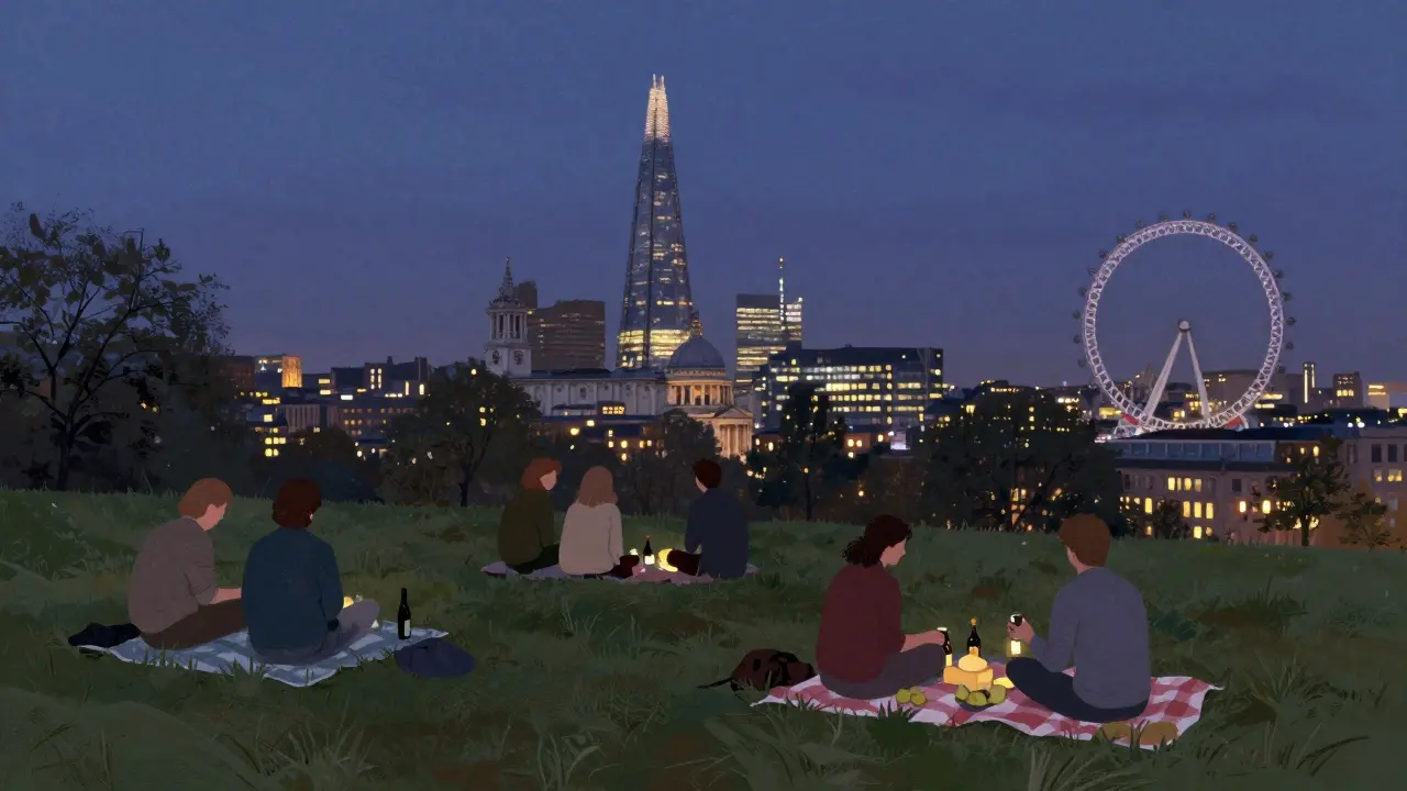 Locals enjoying twilight on Primrose Hill as London's lights begin to glow around them.