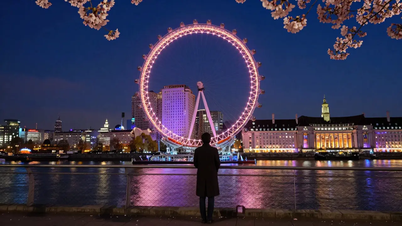 London Eye glowing at night, reflections on the river, lone figure on Millennium Bridge.