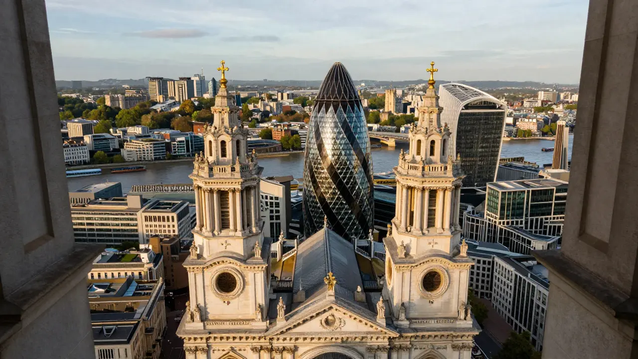 Panoramic view from St. Paul’s Stone Gallery showing London’s skyline at sunset, with historic and modern buildings together.