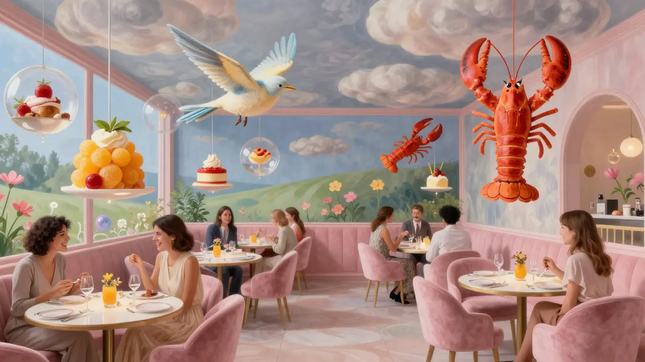 Pastel dining room with floating desserts, Hockney-style walls, and glass orb sinks, blending food and surreal art.