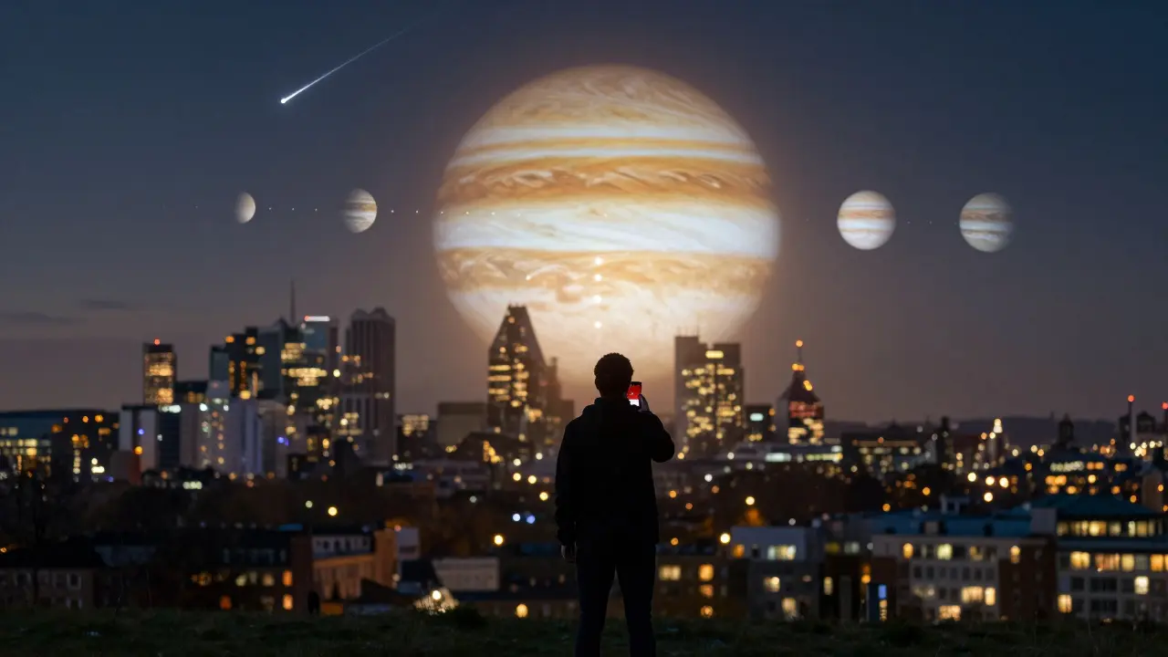 Person on Primrose Hill watching Jupiter and its moons above London's skyline with a meteor streaking overhead.