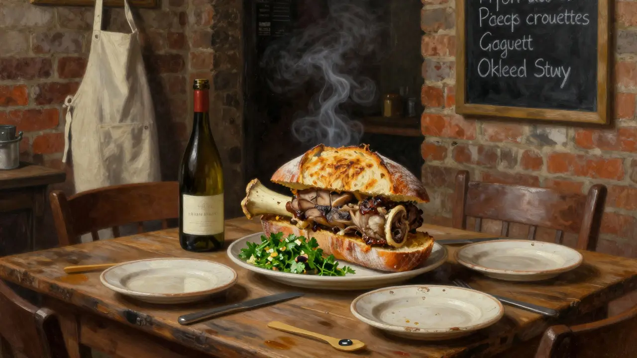 Rustic wooden table with bone marrow on sourdough, chalkboard menu, and natural wine bottle in dim, moody interior.