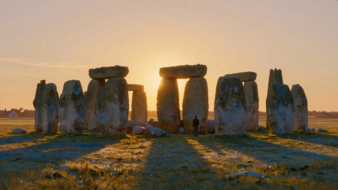 Stonehenge bathed in golden solstice sunrise light, with soft shadows stretching across the stones.