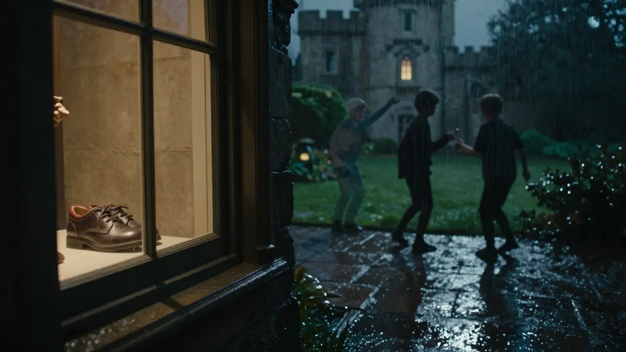 The Bloody Tower at night, a child's shoe in a display case with ghostly figures in the garden.