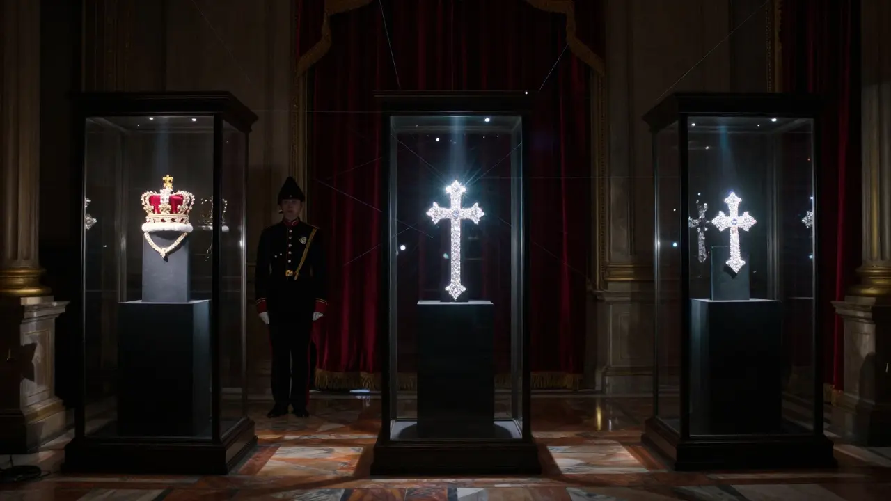 The Crown Jewels glowing under spotlight in the secure Jewel House, guarded by a Yeoman Warder.