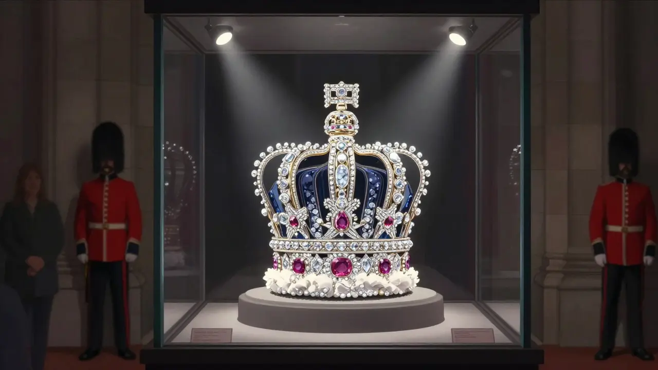 The Crown Jewels glowing under spotlights in the Jewel House, with a Beefeater standing guard nearby.