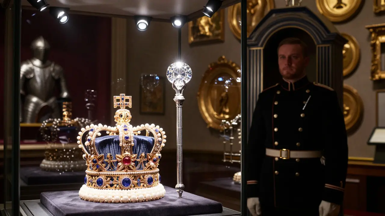The Crown Jewels under spotlight, guarded by a Yeoman Warder in detailed uniform.