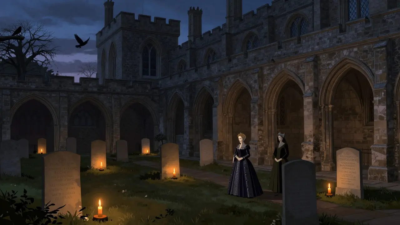 The quiet Chapel Royal at twilight with plaques on the floor and ravens flying past windows.