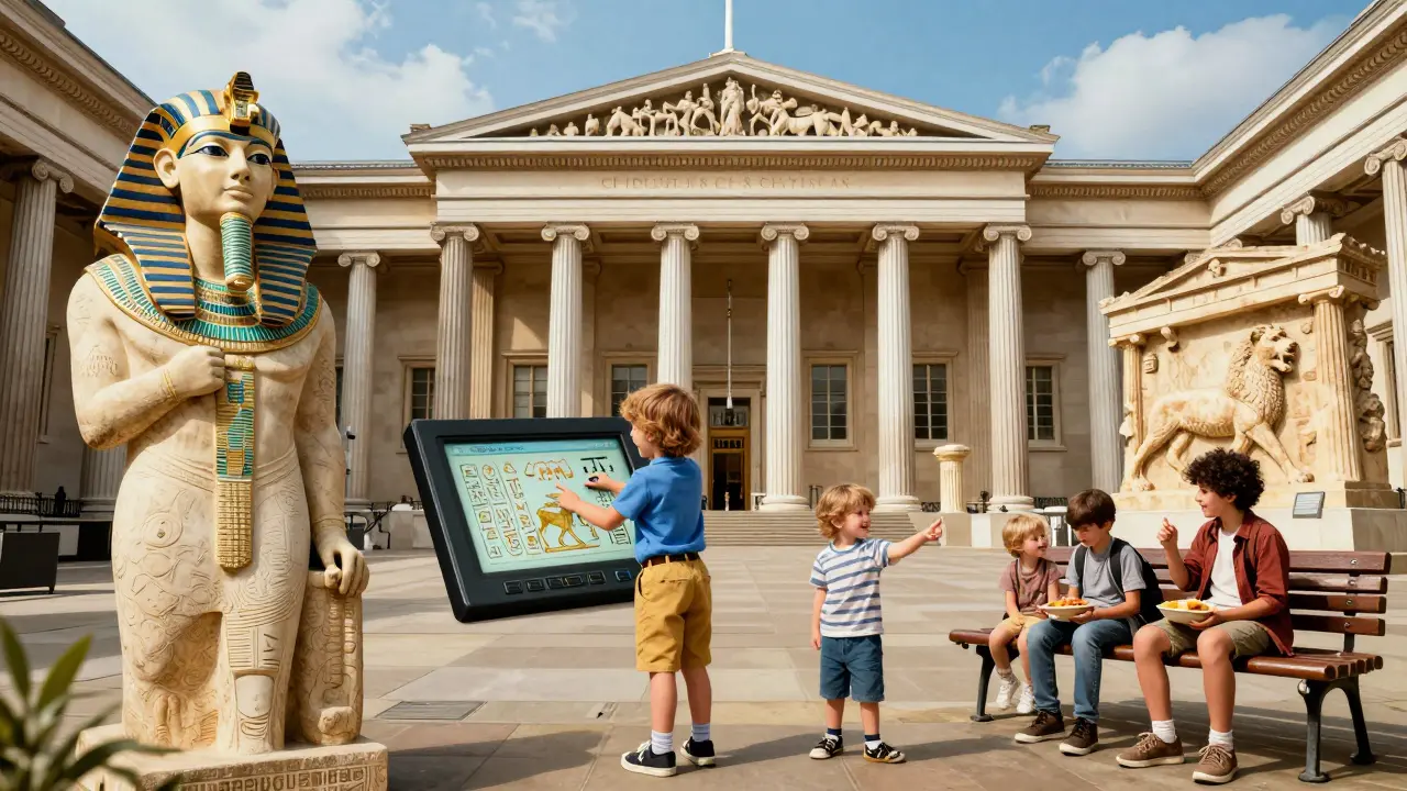 Whimsical poster showing kids interacting with Egyptian statues, Assyrian reliefs, and touchscreen exhibits at the museum.