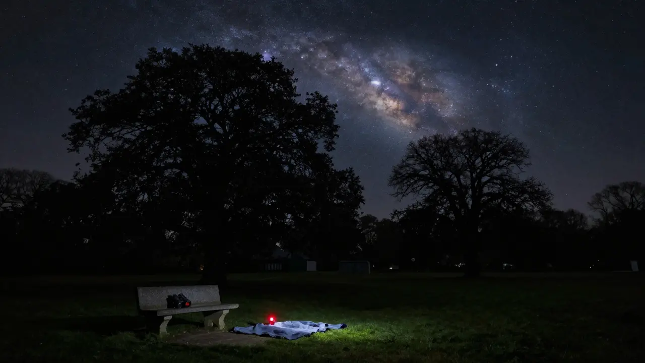 Wimbledon Common at midnight with the Andromeda Galaxy visible over trees, binoculars on a bench.