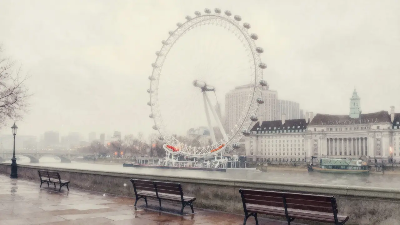 Winter London Eye shrouded in mist with a red rose on a capsule window.