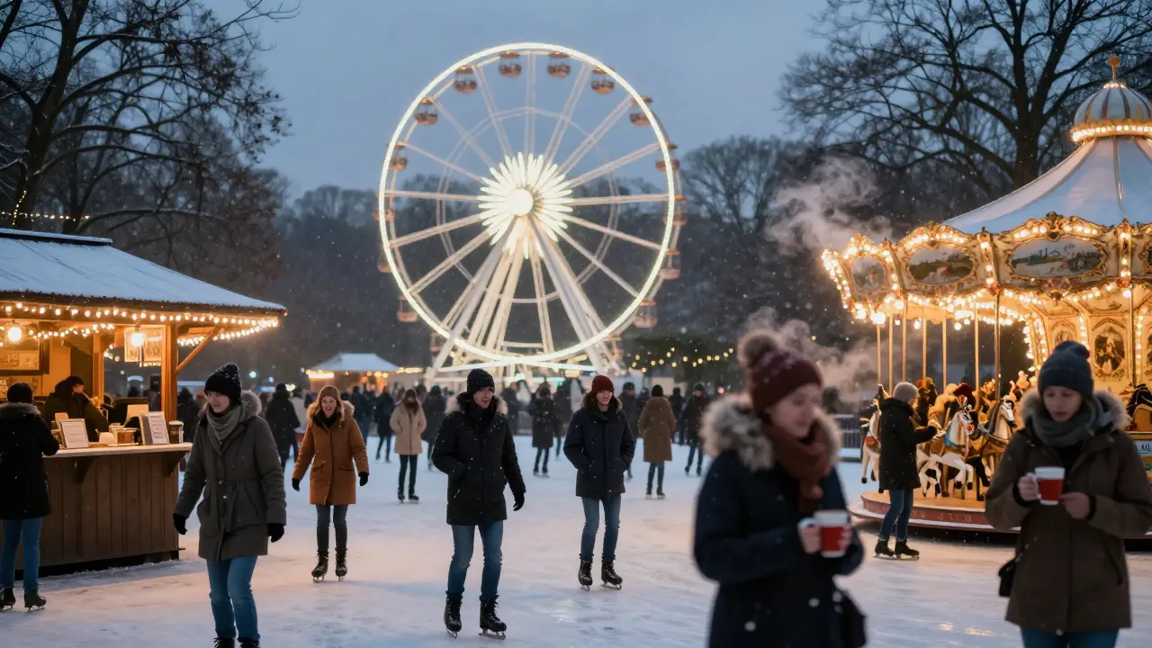 Winter Wonderland in Hyde Park at dusk with Ferris wheel, ice skaters, and fairy lights under snowfall.