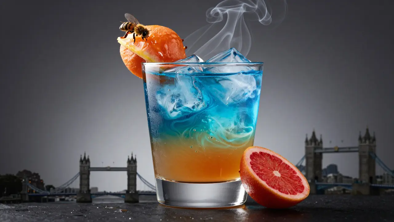 A cocktail glass filled with layered ingredients symbolizing London's local botanicals and landmarks.