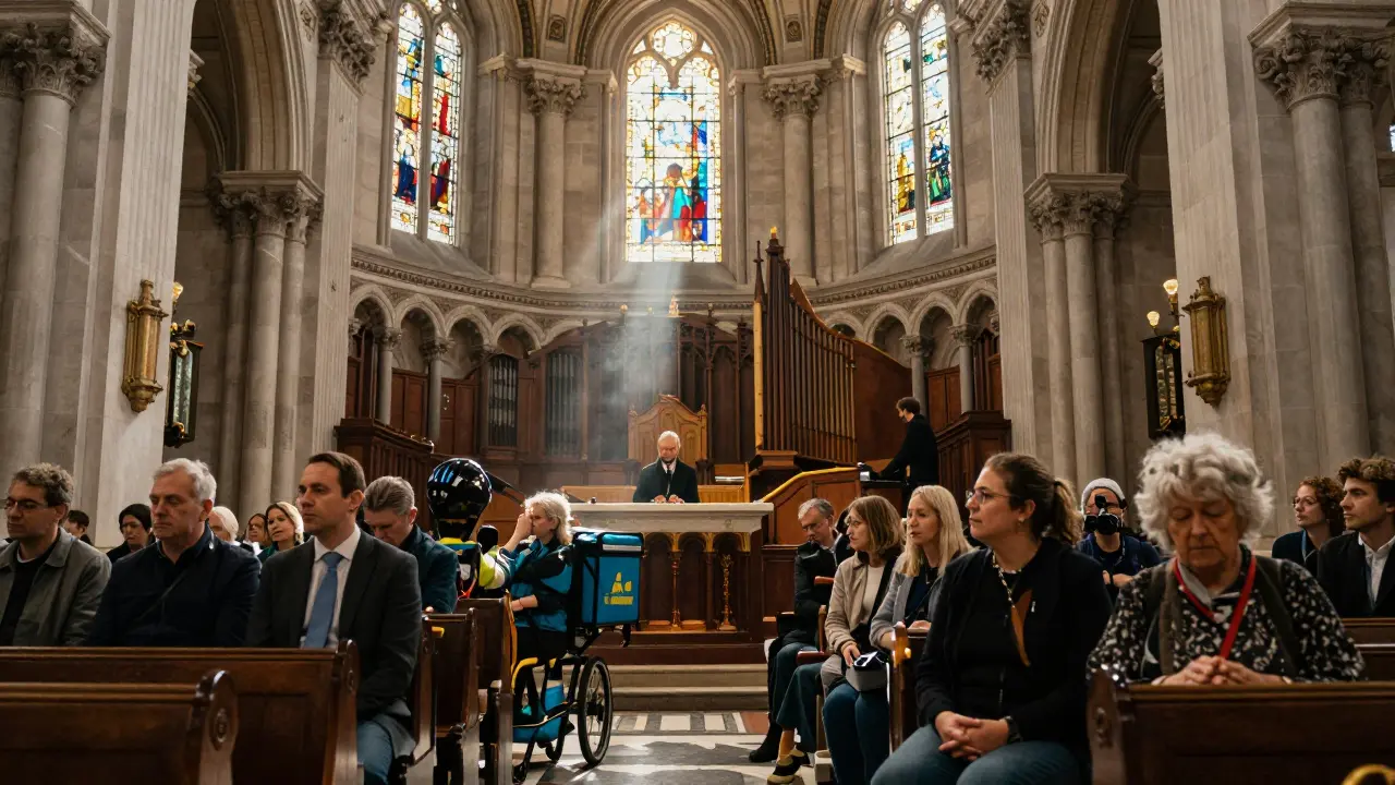 A diverse group of people sitting quietly in St. Paul's Cathedral during Evensong, bathed in stained-glass light.