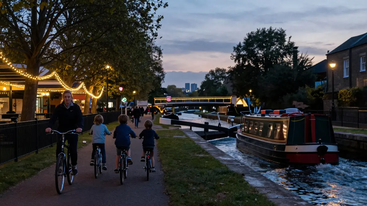 A family biking along Regent’s Canal towpath as a narrowboat passes through a lock at dusk.