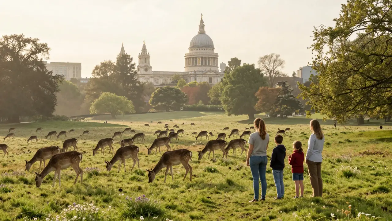 A family observing deer in Richmond Park with St. Paul’s Cathedral visible in the distant hilltop view.