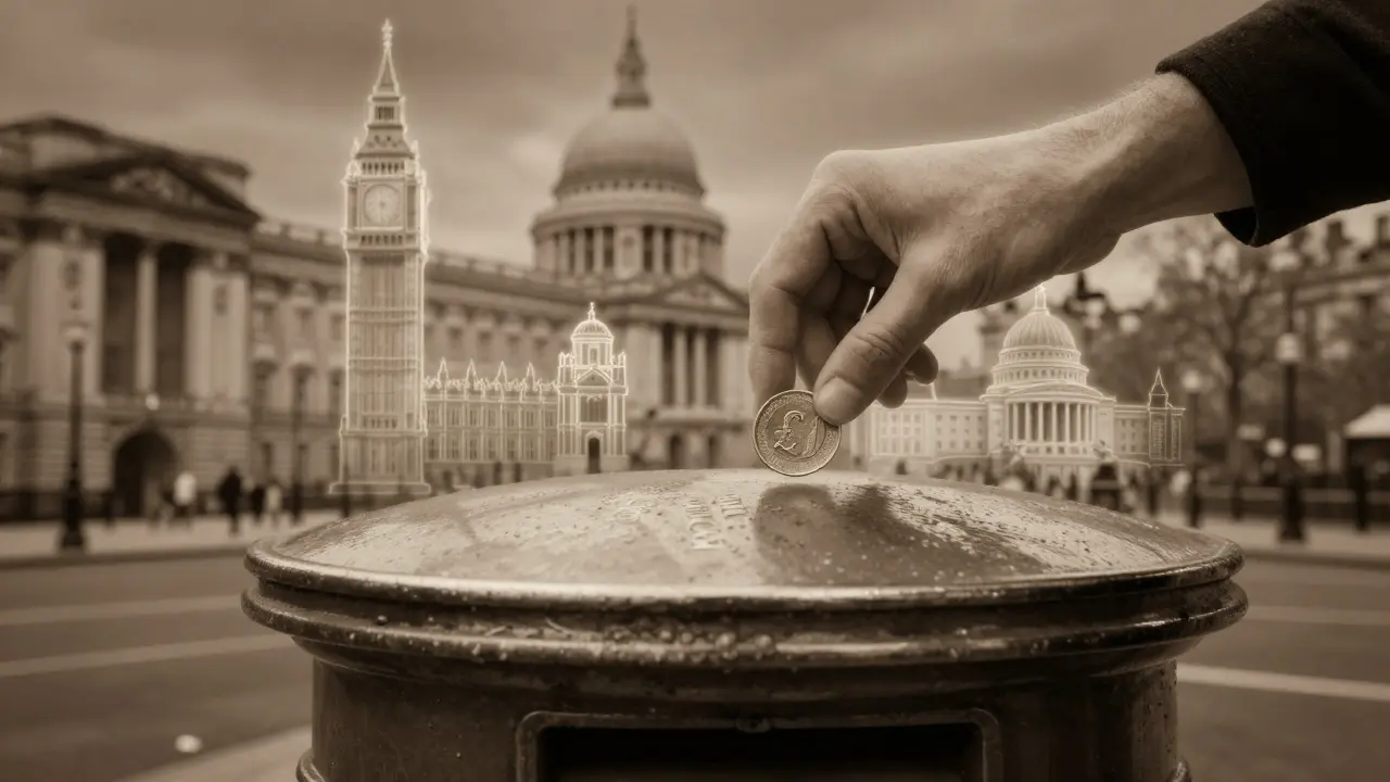 A hand donates a coin to a London Legacy Fund box, with faint glowing outlines of historic landmarks in the background.