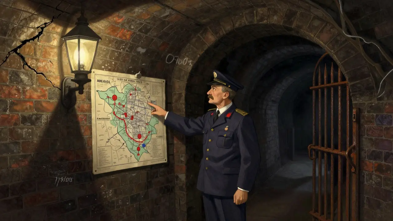 A hidden WWII-era tunnel beneath Down Street station, lit by gas lamps with maps and chalk markings on the walls.