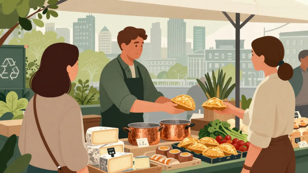 A local vendor serves a Cornish pasty at Borough Market, surrounded by British cheeses and seasonal produce.