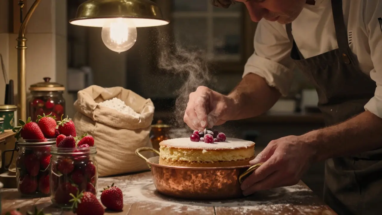 A pastry chef crafting Queen Charlotte's cake using royal garden strawberries and vintage copper bowls in the palace bakery.