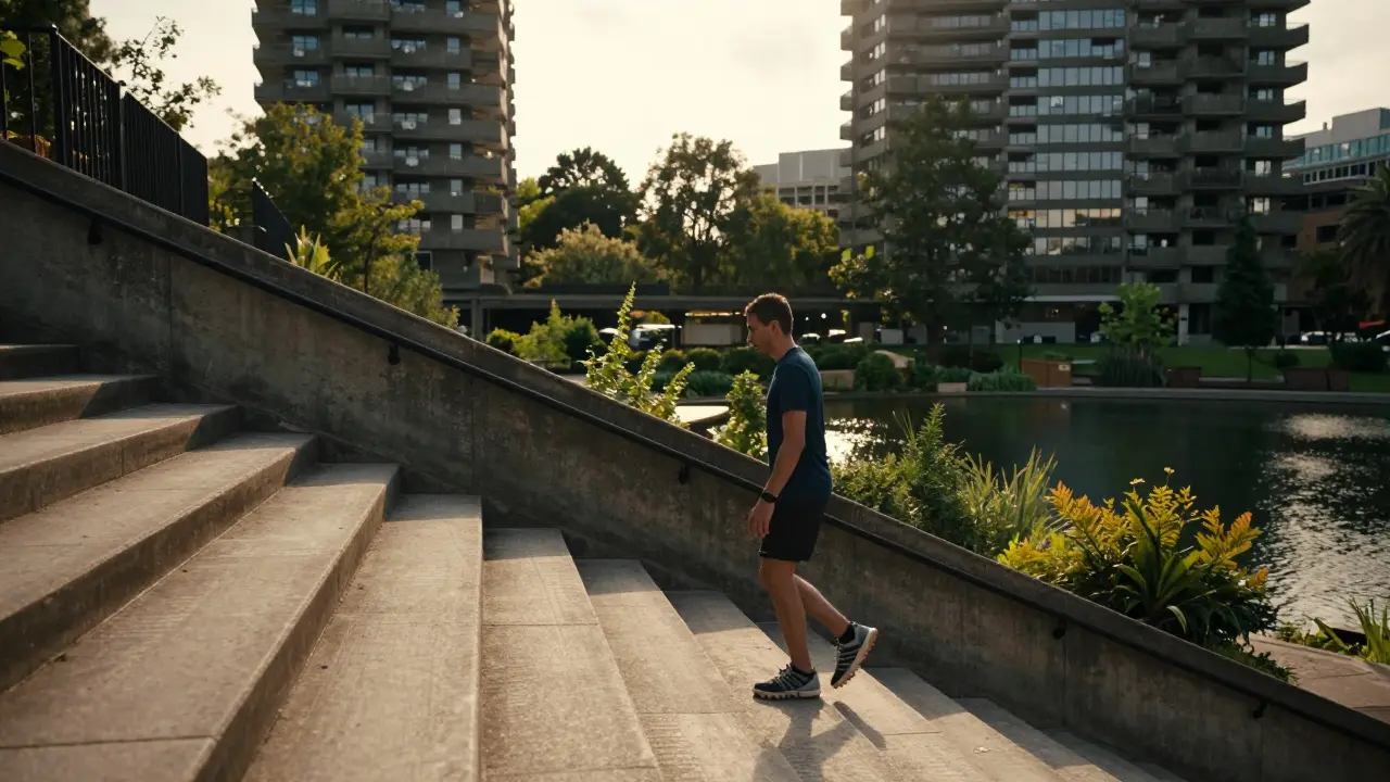 A runner climbing concrete staircases in the Barbican Estate at golden hour, surrounded by architecture and greenery below.