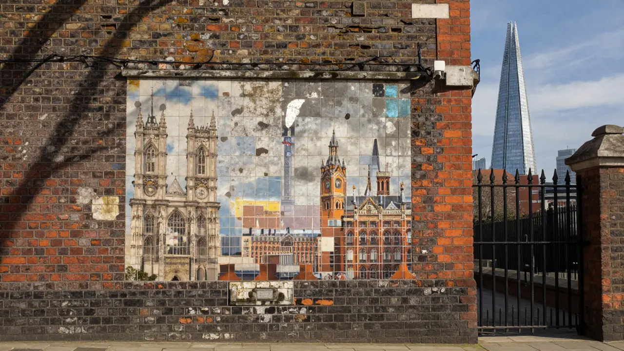 A weathered London brick wall in Peckham with faint transparent overlays of historic buildings behind it.