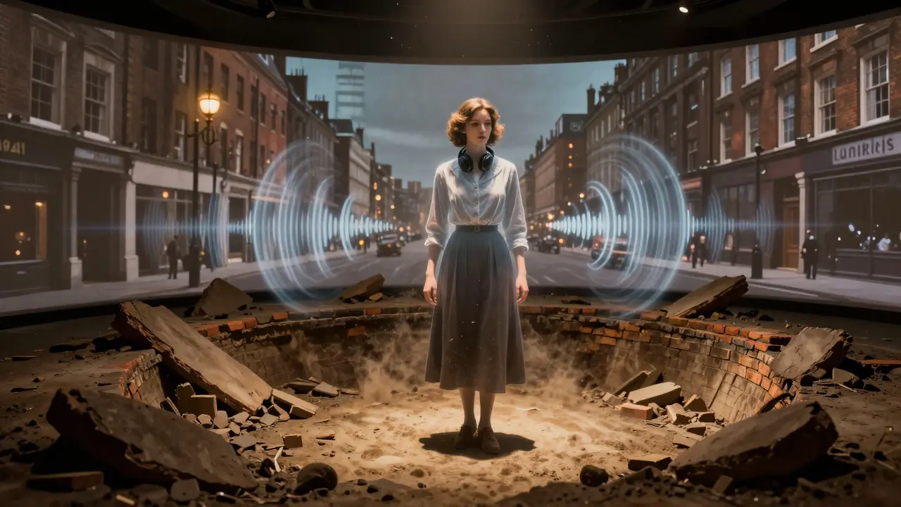 A woman stands amid an augmented reality reconstruction of 1940s London at the Museum of London's bomb crater exhibit.