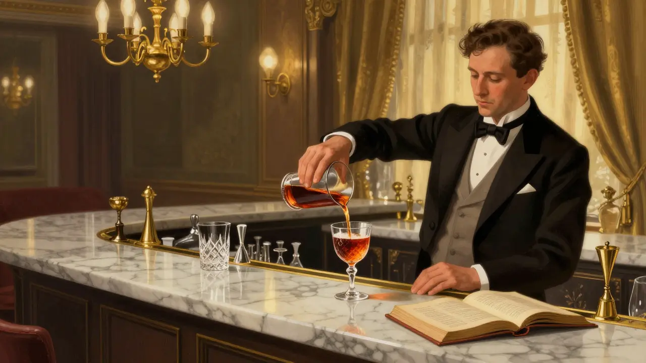 An elegant 1920s-style bar with a bartender pouring a classic cocktail under brass chandeliers and marble surfaces.